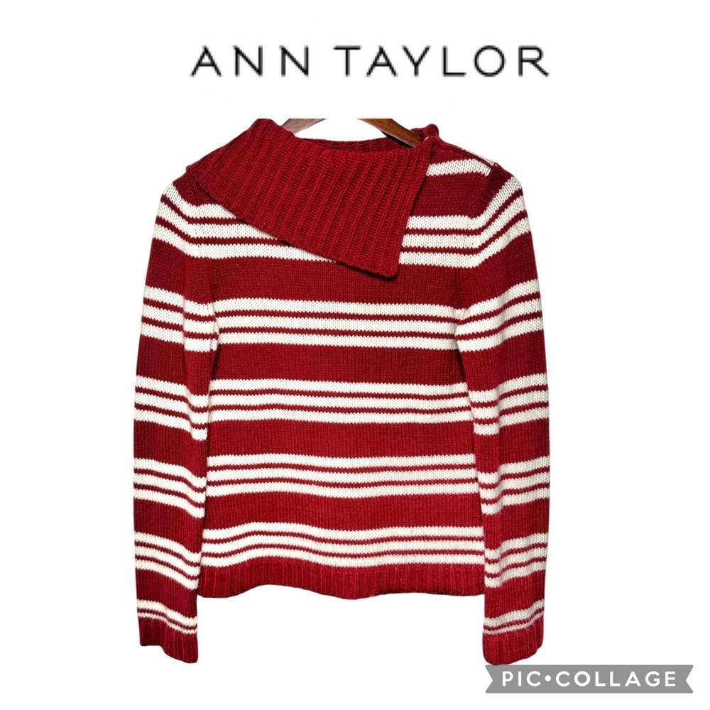 Ann Taylor red white striped cowl neck chunky knit sweater blended wool size M
